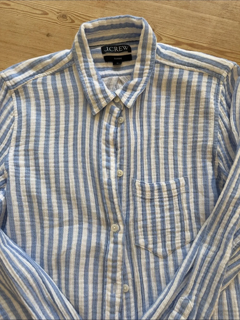 J. Crew Light Blue and White Vertical Stripe Button-Down gauze Shirt